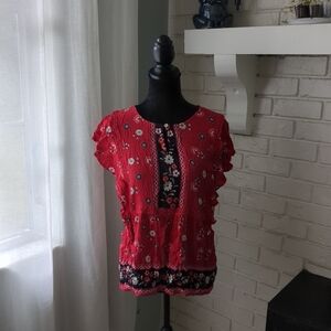 J. Jill Vibrant Red Blouse with Floral Design
